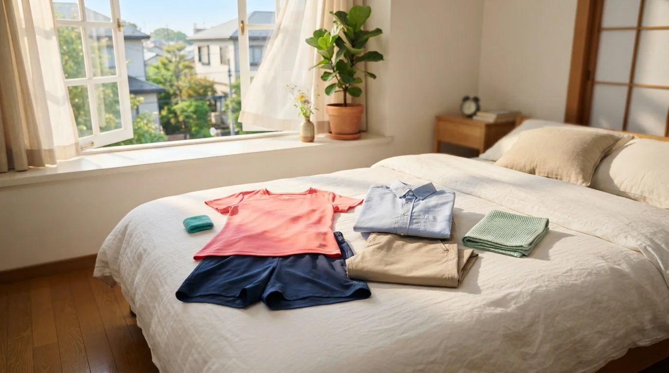 朝の日差しが入る部屋のベッドの上に並べた、色のあるテニスウェアと、たたんだふだん着のシャツとタオル