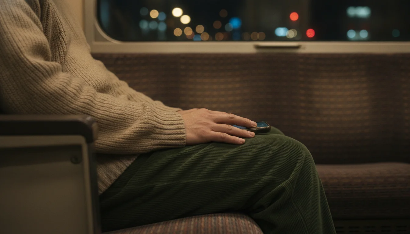 夜の電車の座席で、ひざの上に画面を下にして置かれたスマートフォンと手元