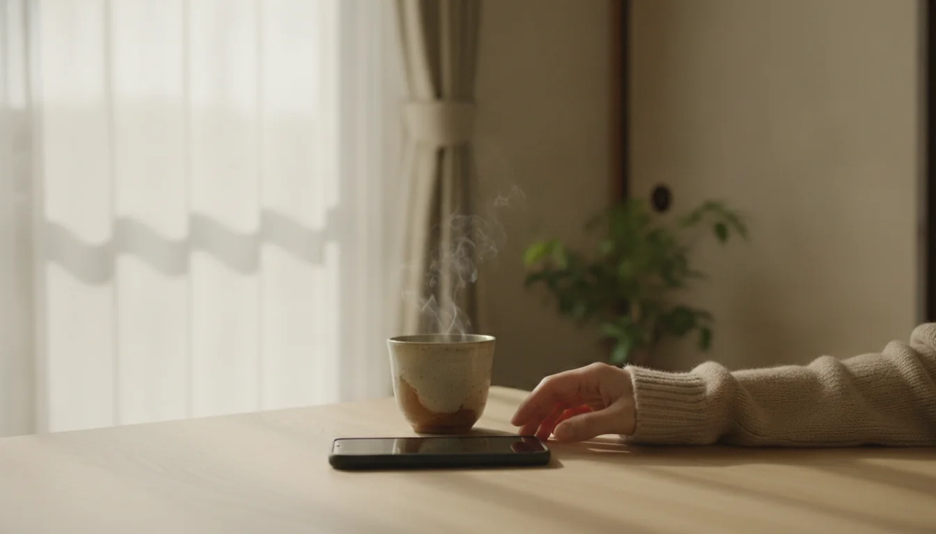 朝の窓ぎわのテーブルに置かれたスマートフォンと、湯気の立つコップ、そばに添えた手