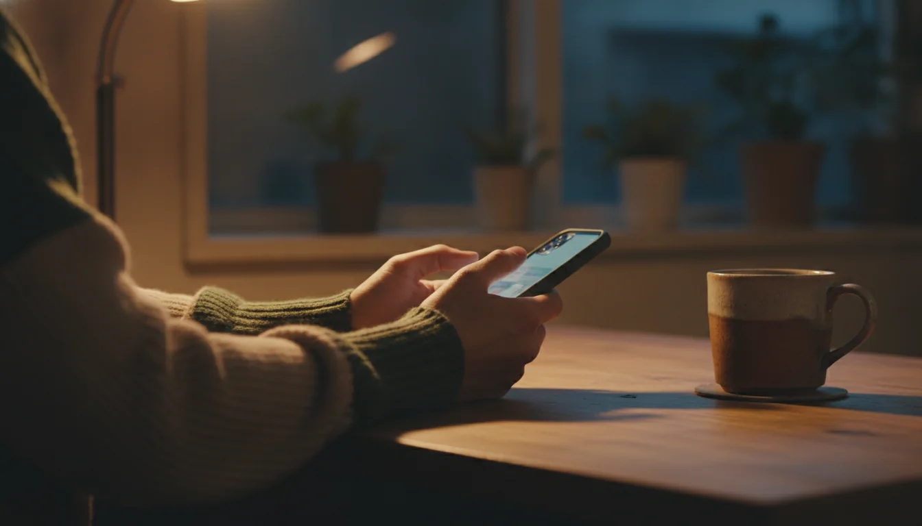 夜の部屋の机で、両手に持ったスマートフォンと、横に置かれたマグカップ